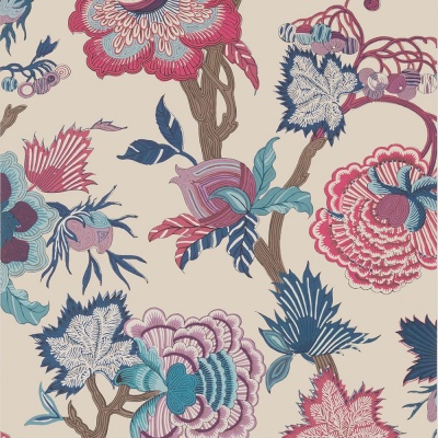 Thibaut Indienne Jacobean Wallpaper in Raspberry & Blue on Natural